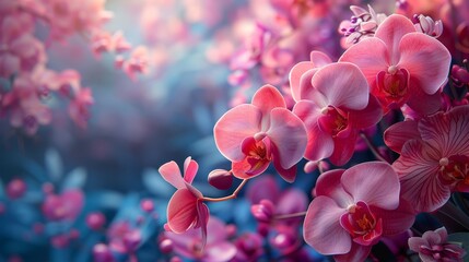   A collection of vivid pink blossoms set against a backdrop of blue and pink, with a hazy sky in the distance - obrazy, fototapety, plakaty