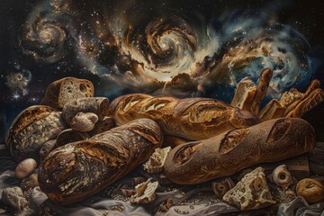 Personification of bread breaking bread With loaves of bread meeting together to form a cosmic embrace. Among the harmonious flavors and textures
