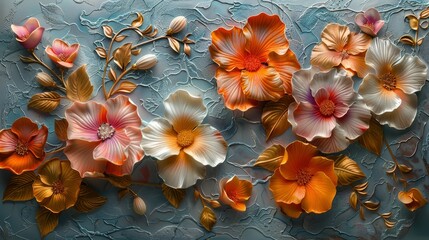   Orange and white flowers on a blue and white background with gold leaves - obrazy, fototapety, plakaty