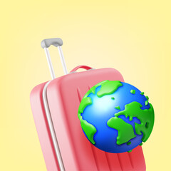3d red suitcase with blue globe on top isolated on white. Render travel bag with planet earth. Travel inspired design element. Holiday or vacation. Transportation concept. Vector Illustration