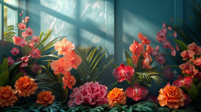   A painting of vibrant pink and orange blossoms in view of a window, featuring a lush green fern in the foreground, and a serene blue backdrop