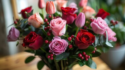  A bouquet of pink and red roses in a vase on a table with greenery in the background