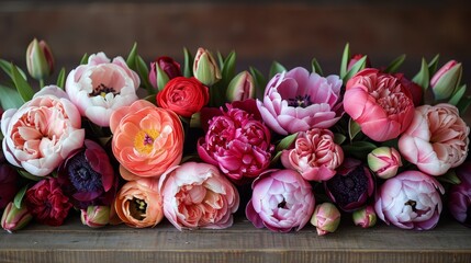   Close-up photo of several flower bunches arranged on a table with one central bouquet - obrazy, fototapety, plakaty