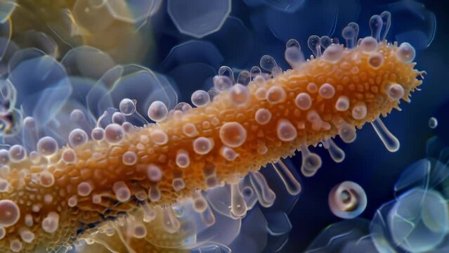 A magnified view of a single conidium spore revealing its rugged outer surface and elongated shape. The spore is surrounded by smaller . AI generation.