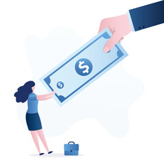 Banker's giant hand takes money from business woman. Taxes, loan payments, debt payment. Debtor does not want to give his money, bankruptcy, poverty. Financial crisis.