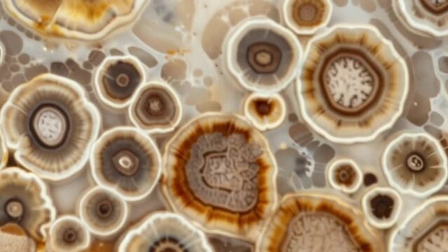 A crosssection of a spore print displaying a variety of conidium shapes and sizes ranging from elongated and tapered to short and . AI generation.