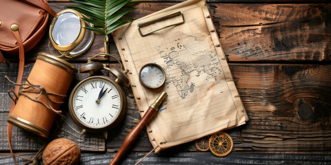 A map is on a table with a clock and a magnifying glass. The map is old and the table is made of wood
