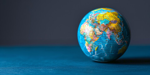 A globe is sitting on a blue surface. The globe is blue and white and has a map of the world on it