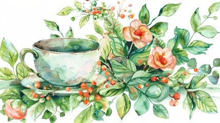   A watercolor depiction of a teacup and its surrounding foliage on a rustic plate, adorned with succulent red fruit - obrazy, fototapety, plakaty