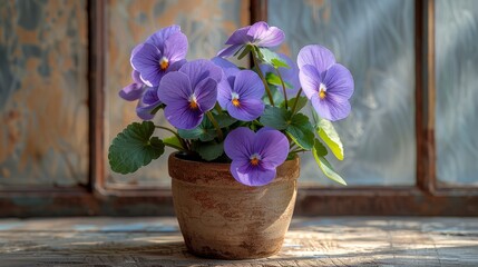   A photo of a close-up of a pot with purple flowers on a wooden table near a window