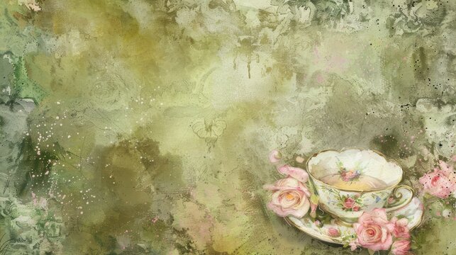   A painting of a tea cup and saucer on a saucer, with pink roses