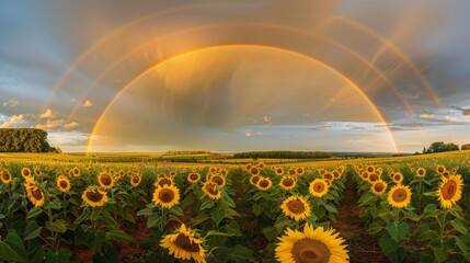 A panoramic view of a sunflower field at sunrise, with dew sparkling on the leaves and the warm light illuminating