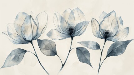   Three flowers with leaves on white-blue background, photographed in black and white