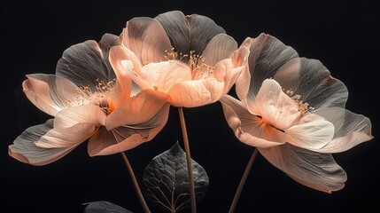   Three pink flowers on black background with buds on petals