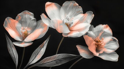   A monochromatic image featuring three blossoms in various shades of pink, accompanied by foliage on their stems, and a solitary bloom in the center of the