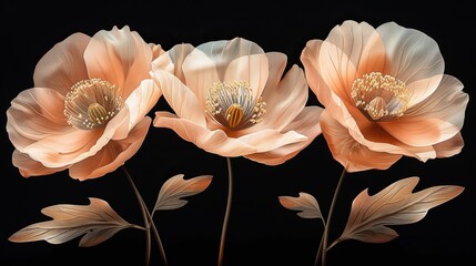   Three pink flowers on a black background with buds in their petals and center - obrazy, fototapety, plakaty