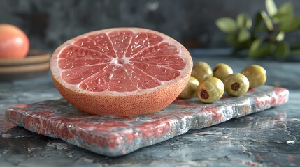   A grapefruit halved on a cutting board, olives nearby