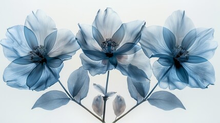   A trio of azure blossoms rests atop a white table, adjacent to a vase containing blooms