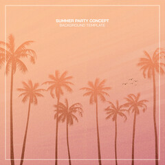 Silhouetted palm trees with surrealistic sky background vector illustration. Summer traveling and party at the beach peach tone concept square shape flat design with blank space. - obrazy, fototapety, plakaty