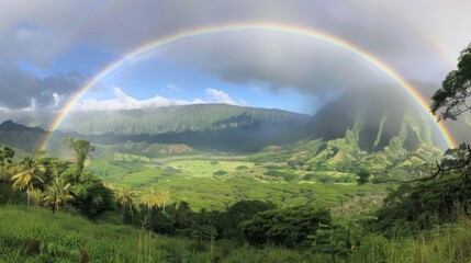 A rainbow arcing over a lush valley after a rainstorm - Powered by Adobe