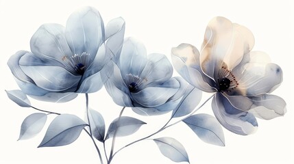   A macro shot of numerous blossoms with foliage against a pure white backdrop featuring blue and white hues - obrazy, fototapety, plakaty