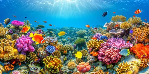 Naklejka na ściany i meble A Vibrant Coral Reef Teeming with Life Beneath the Ocean's Sparkling Surface, Generative AI