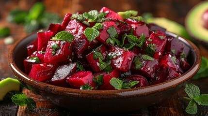   A wooden table holds a bowl filled with beets, topped with fresh mint Nearby lies an avocado slice