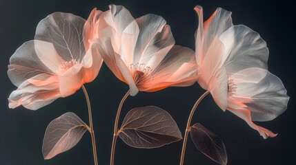   Three flowers with black leaves on a dark background in focus, blurred backdrop