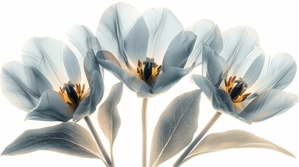   A group of blue flowers with leaves on a white background, reflecting light on their backs