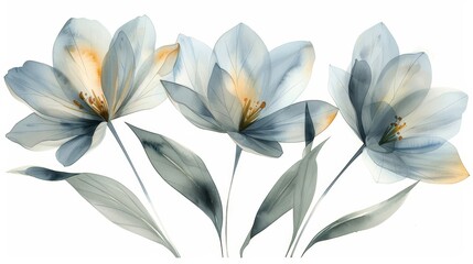   A close-up photograph of several blooms against a pure white background showcasing shades of blue and yellow