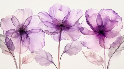   A group of five purple flowers sits atop a pristine white table adjacent to a stark white wall