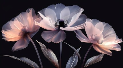   A high-resolution image of three vibrant flowers set against a dark backdrop, with the focal point being the central flower