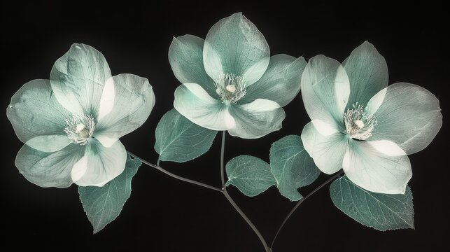   A detailed image of three vibrant flowers against a dark backdrop, featuring lush green foliage and a brilliant white bloom at their centers