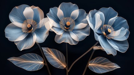  A trio of blue blossoms resting atop a dark backdrop with a golden core