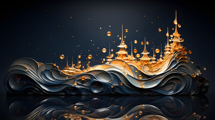 Abstract black background with swirls of water and fiery accents