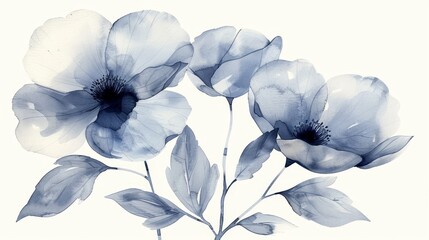   Close-up of colorful flowers on white background with blue watercolor effect