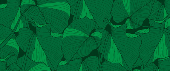 Summer green vector botanical background with tropical leaves. Summer tropical design, wallpaper, cover, poster, banner. - obrazy, fototapety, plakaty