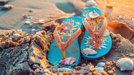 Fototapeta premium Close-up of a vibrant flip-flop decorated with seashells, half-buried in the warm sand