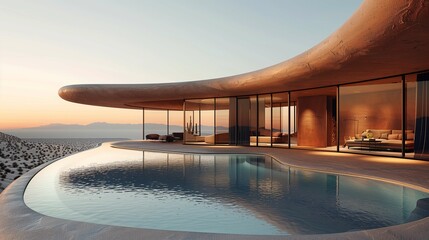 Obraz na płótnie Canvas Modern Desert House with Infinity Pool at Sunset
