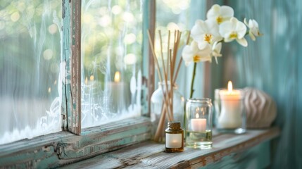 Close-up of a weathered wooden window ledge with a white orchid in bloom, a glass oil diffuser, and...