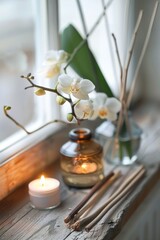 Close-up of a weathered wooden window ledge with a white orchid in bloom, a glass oil diffuser, and...