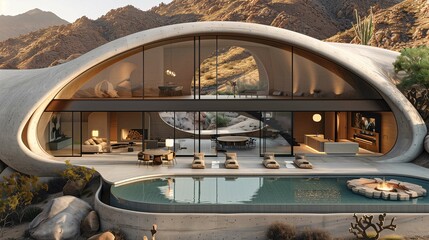 Modern Desert House with Infinity Pool at Sunset - obrazy, fototapety, plakaty