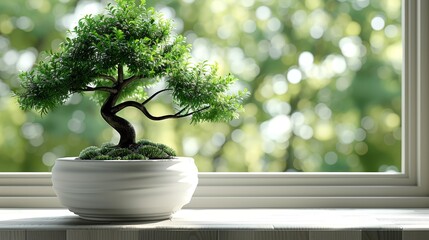   A Bonsai tree in a white pot resting on a windowsill against a green misty backdrop