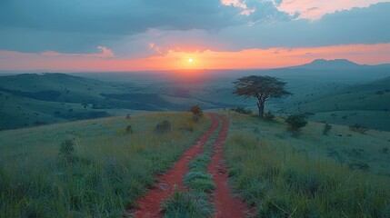   A dirt path, bordered by a sprawling grass field, leads to a solitary tree as the sun sets in the distance