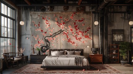 Stylish Bedroom Interior with Cherry Blossom Wall Art and Industrial Design Elements - obrazy, fototapety, plakaty