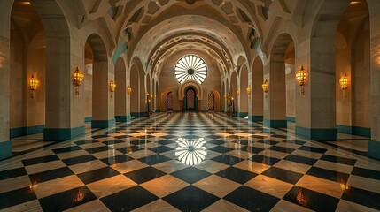 Ornate Arched Hallway with Geometric Floor Patterns - obrazy, fototapety, plakaty