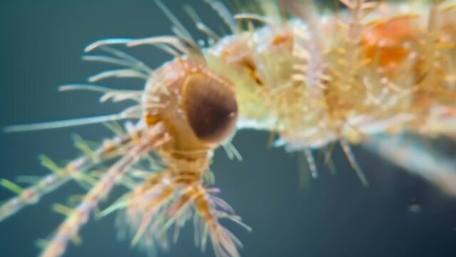A closeup image of a delicate and highly magnified mosquito larva showcasing the tiny hairs covering its body and its distinctive . AI generation.