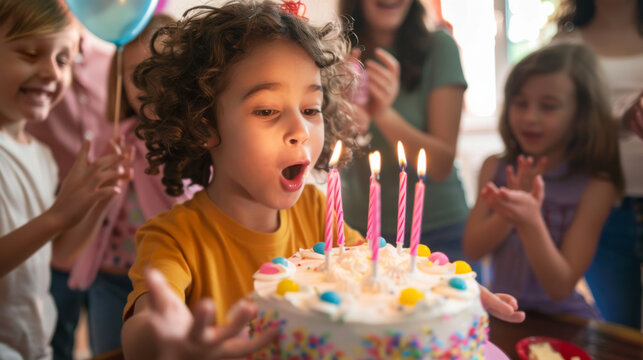 Child blowing out candles on birthday cake