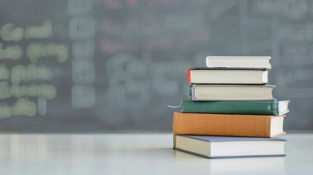 Stack of school textbooks on a white desk with blurred chalkboard in background, room for copy space