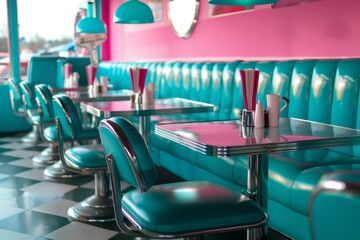 Retro diner scene, neon turquoise and hot pink, chrome accents